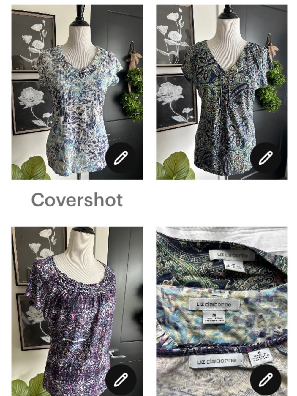 Bundle of 3 M green Blue-Purple Floral stretchy paisley V-Neck Tops